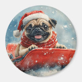 Pug Dog in Sledge Laat het Sneeuw Kerstmis Magneet (Voorkant)