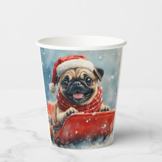 Pug Dog in Sledge Laat het Sneeuw Kerstmis Papieren Bekers (Achterkant)