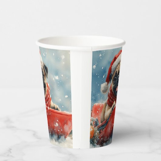 Pug Dog in Sledge Laat het Sneeuw Kerstmis Papieren Bekers (Rechts)
