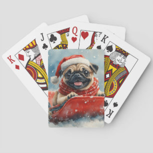 Pug Dog in Sledge Laat het Sneeuw Kerstmis Pokerkaarten
