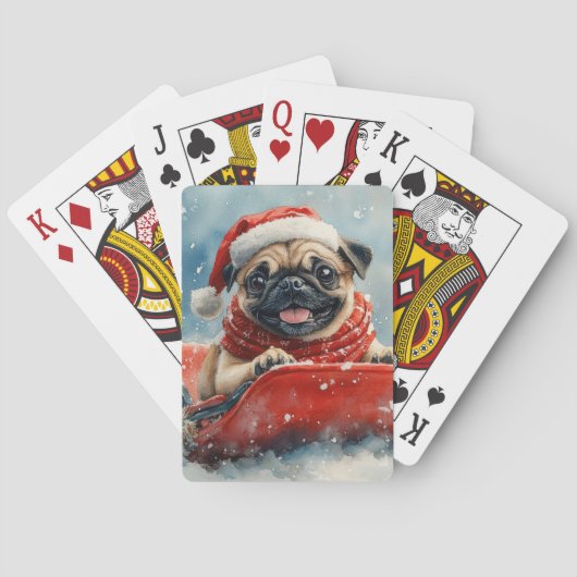 Pug Dog in Sledge Laat het Sneeuw Kerstmis Pokerkaarten (Achterkant)