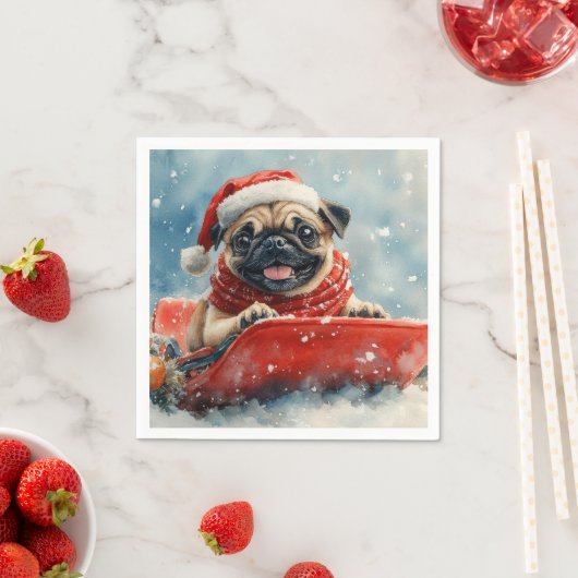 Pug Dog in Sledge Laat het Sneeuw Kerstmis Servet (Insitu)