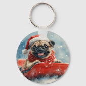 Pug Dog in Sledge Laat het Sneeuw Kerstmis Sleutelhanger (Voorkant)