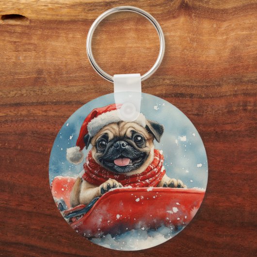 Pug Dog in Sledge Laat het Sneeuw Kerstmis Sleutelhanger (Achterkant)
