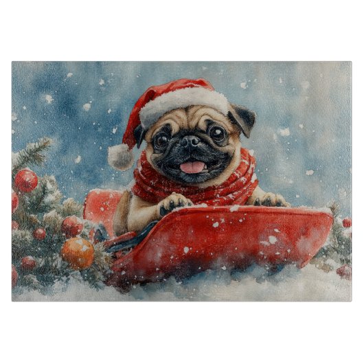 Pug Dog in Sledge Laat het Sneeuw Kerstmis Snijplank (Voorkant)