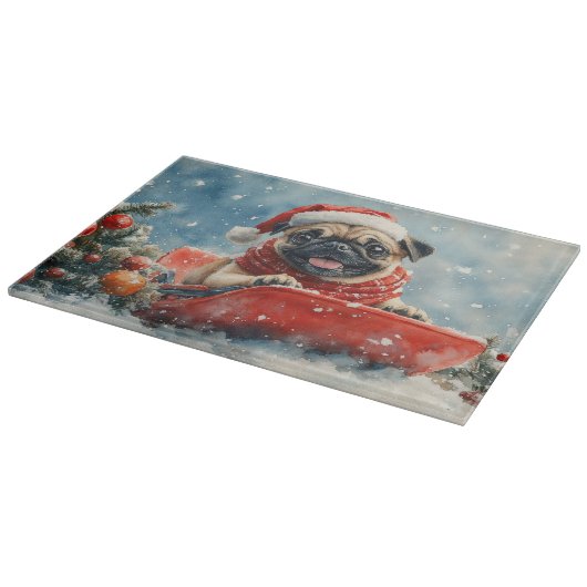 Pug Dog in Sledge Laat het Sneeuw Kerstmis Snijplank (Hoek)