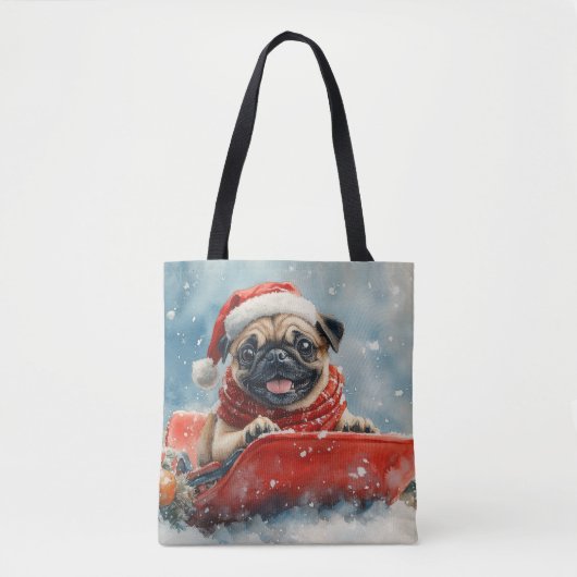 Pug Dog in Sledge Laat het Sneeuw Kerstmis Tote Bag (Voorkant)