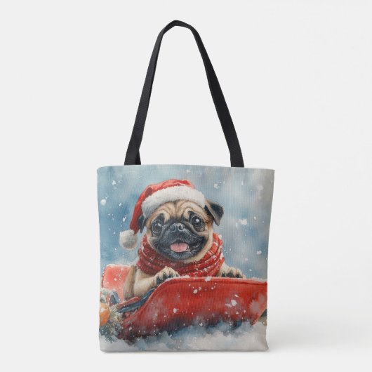 Pug Dog in Sledge Laat het Sneeuw Kerstmis Tote Bag (Achterkant)