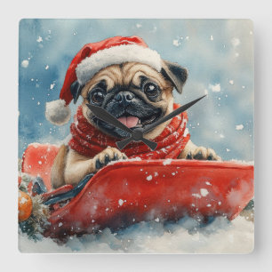 Pug Dog in Sledge Laat het Sneeuw Kerstmis Vierkante Klok