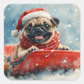 Pug Dog in Sledge Laat het Sneeuw Kerstmis Vierkante Sticker (Voorkant)