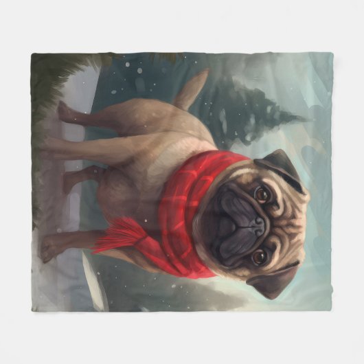 Pug Dog in Sneeuw Kerstmis Fleece Deken (Voorkant (Horizontaal))