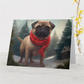 Pug Dog in Sneeuw Kerstmis Kaart (Gele Bloem)