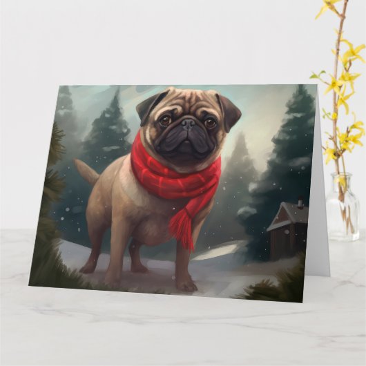 Pug Dog in Sneeuw Kerstmis Kaart (Gele Bloem)