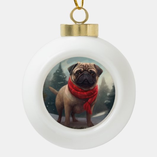 Pug Dog in Sneeuw Kerstmis Keramische Bal Ornament (Voorkant)
