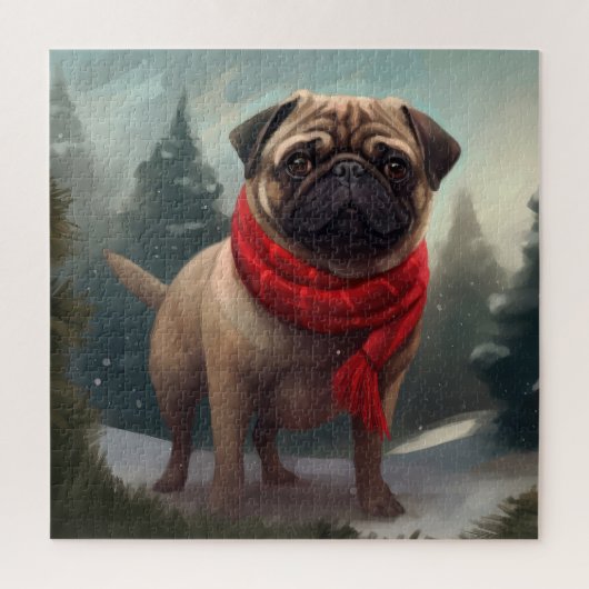 Pug Dog in Sneeuw Kerstmis Legpuzzel (Verticaal)