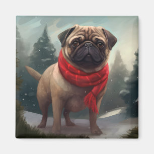 Pug Dog in Sneeuw Kerstmis Magneet