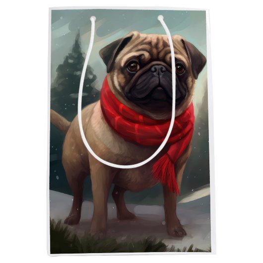 Pug Dog in Sneeuw Kerstmis Medium Cadeauzakje (Voorkant)