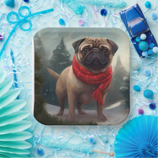 Pug Dog in Sneeuw Kerstmis Papieren Bordje (Feest)