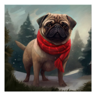 Pug Dog in Sneeuw Kerstmis Perfect Poster