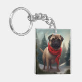 Pug Dog in Sneeuw Kerstmis Sleutelhanger (Voorkant Links)