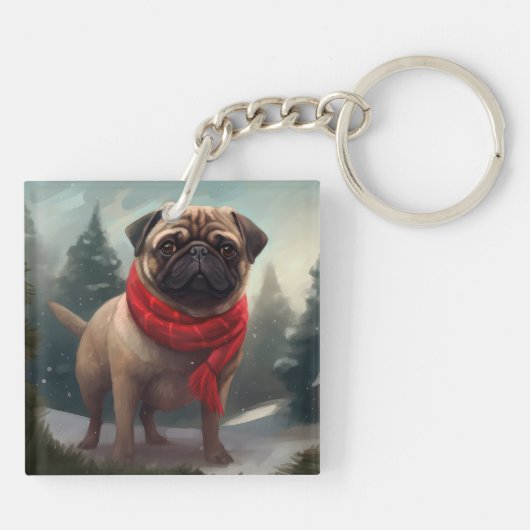 Pug Dog in Sneeuw Kerstmis Sleutelhanger (Achterkant)