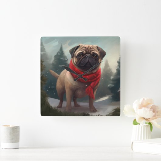 Pug Dog in Sneeuw Kerstmis Vierkante Klok (Huis)
