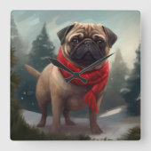 Pug Dog in Sneeuw Kerstmis Vierkante Klok (Voorkant)
