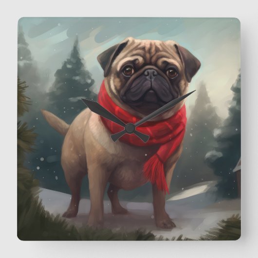 Pug Dog in Sneeuw Kerstmis Vierkante Klok (Voorkant)