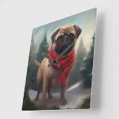 Pug Dog in Sneeuw Kerstmis Vierkante Klok (Hoek)