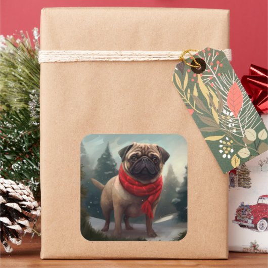Pug Dog in Sneeuw Kerstmis Vierkante Sticker (Feestdagen)