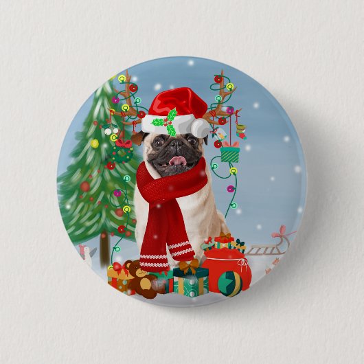 Pug Dog in sneeuw met kerstcadeaus Ronde Button 5,7 Cm (Voorkant)