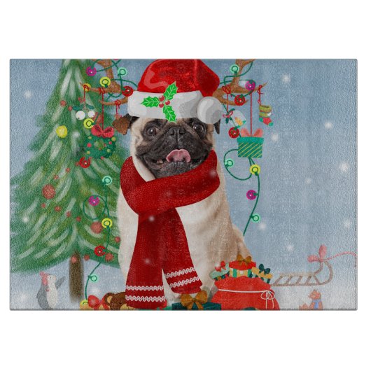 Pug Dog in sneeuw met kerstcadeaus Snijplank (Voorkant)