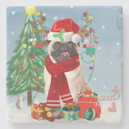 Pug Dog in sneeuw met kerstcadeaus Stenen Onderzetter (Voorkant)