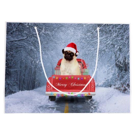 Pug Dog in sneeuw, met kersttruck Groot Cadeauzakje (Achterkant)