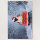 Pug Dog in sneeuw, met kersttruck Legpuzzel (Verticaal)
