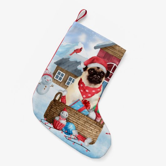 Pug Dog in sneeuwkerst Kleine Kerstsok (Voorkant (Hangend))