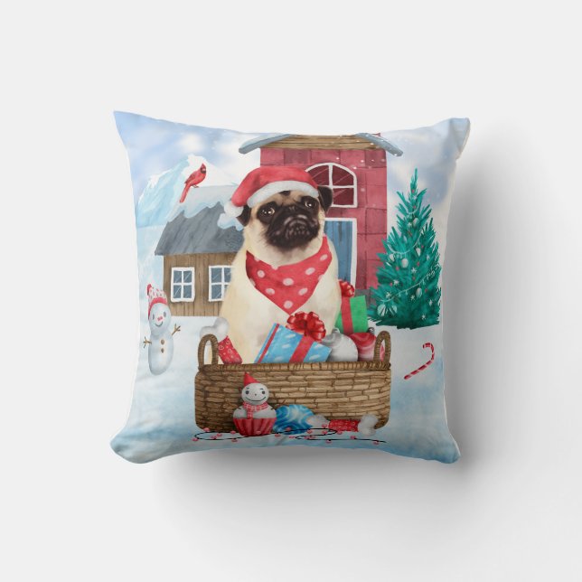 Pug Dog in sneeuwkerst Kussen (Voorkant)