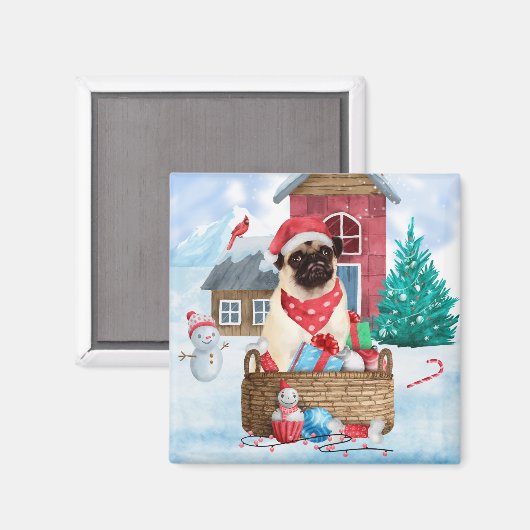 Pug Dog in sneeuwkerst Magneet (Voorkant / Achterkant)