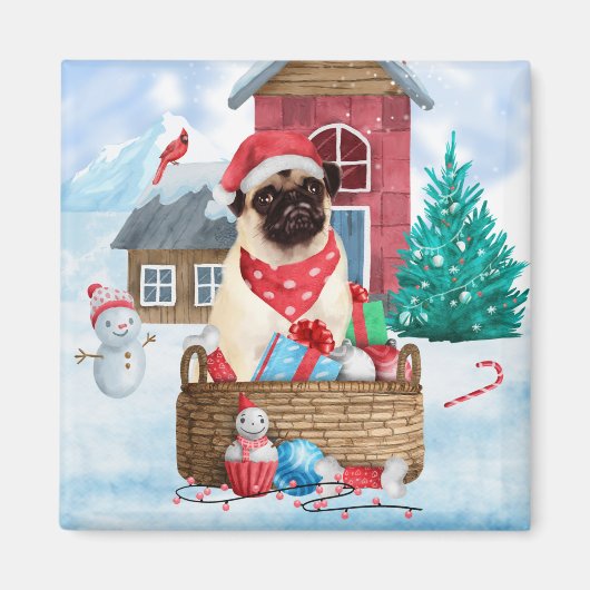 Pug Dog in sneeuwkerst Magneet (Voorkant)
