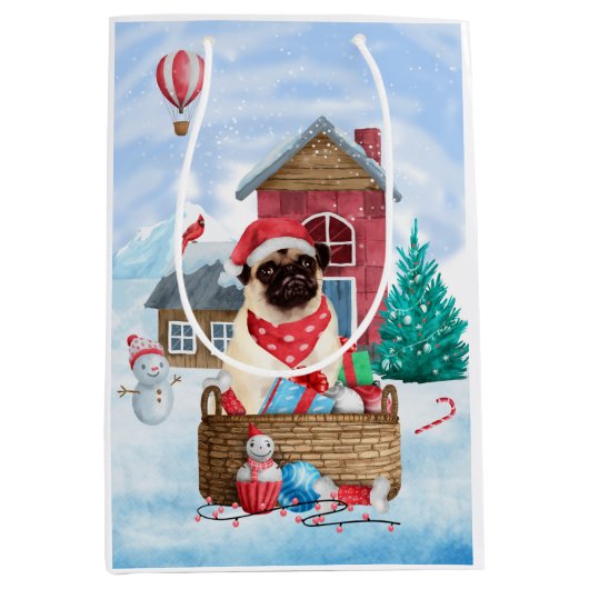 Pug Dog in sneeuwkerst Medium Cadeauzakje (Voorkant)
