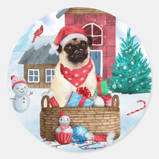 Pug Dog in sneeuwkerst Ronde Sticker (Voorkant)