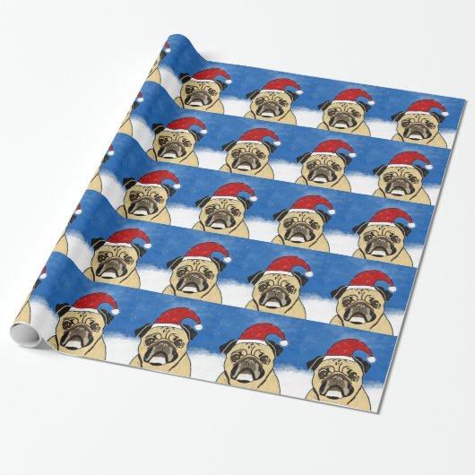 Pug Dog in Sneeuwkerstfeest Kunstportret Cadeaupapier (Uitgerold)