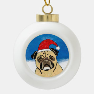 Pug Dog in Sneeuwkerstfeest Kunstportret Keramische Bal Ornament