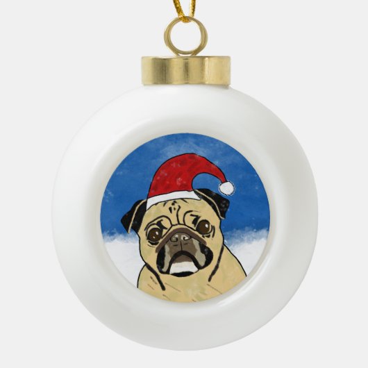 Pug Dog in Sneeuwkerstfeest Kunstportret Keramische Bal Ornament (Voorkant)