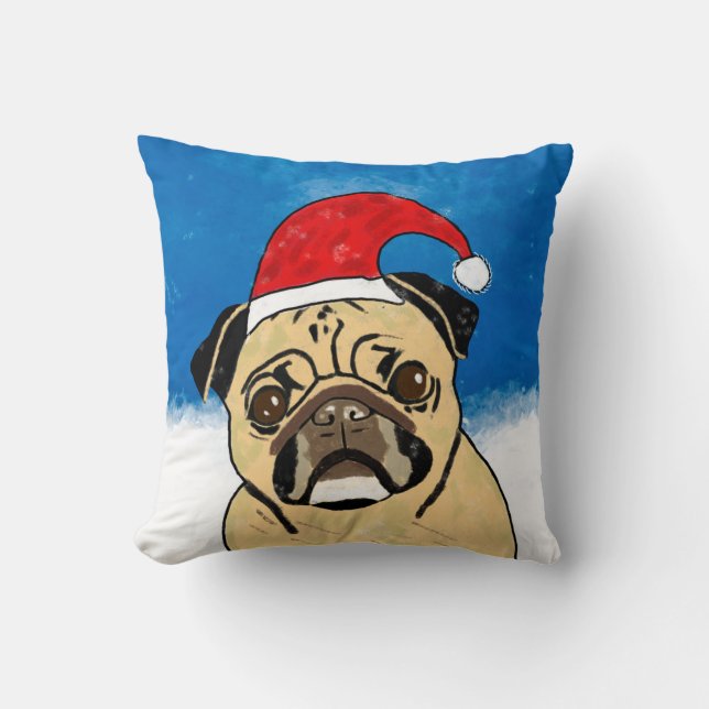 Pug Dog in Sneeuwkerstfeest Kunstportret Kussen (Voorkant)