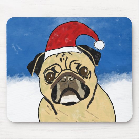 Pug Dog in Sneeuwkerstfeest Kunstportret Muismat (Voorkant)