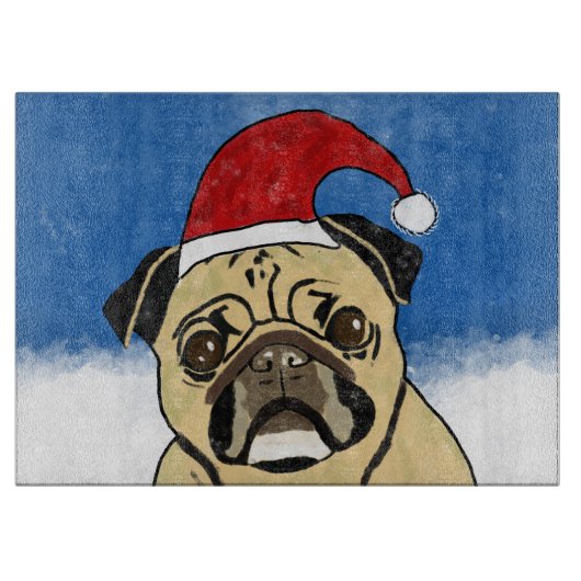 Pug Dog in Sneeuwkerstfeest Kunstportret Snijplank (Voorkant)