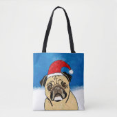Pug Dog in Sneeuwkerstfeest Kunstportret Tote Bag (Voorkant)