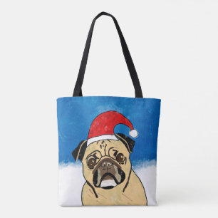 Pug Dog in Sneeuwkerstfeest Kunstportret Tote Bag