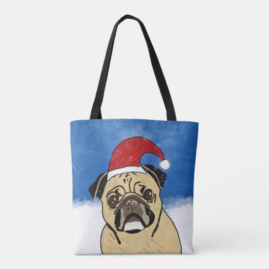 Pug Dog in Sneeuwkerstfeest Kunstportret Tote Bag (Achterkant)